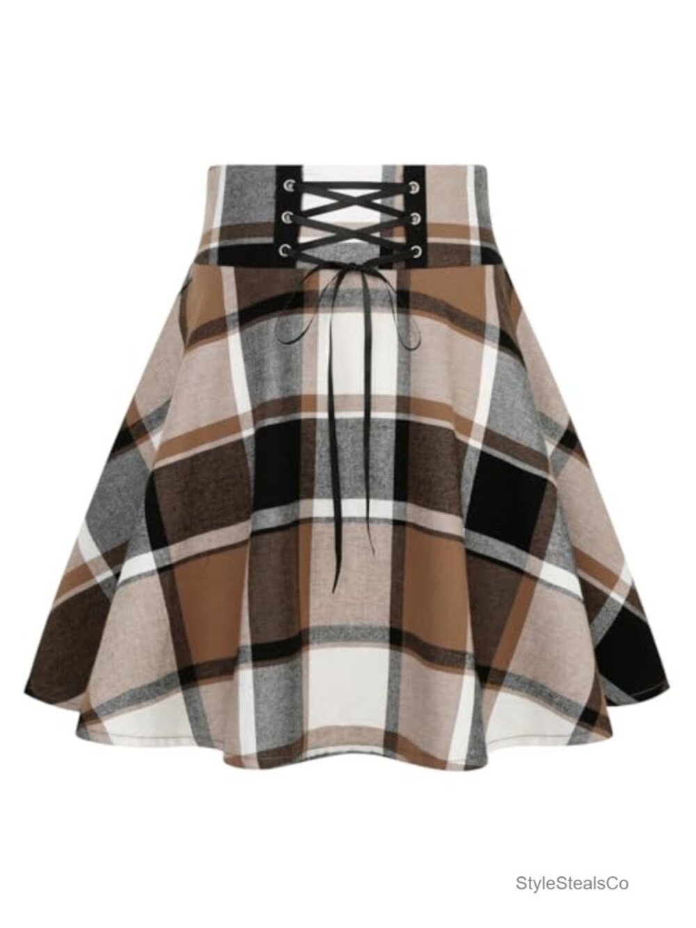 Plaid Mini Skirt High Waist Lace Up A-Line Pleated Flared Skater